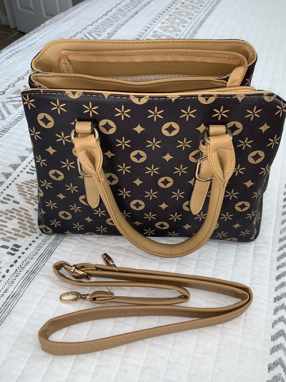 Women's Brown Patterned Satchel with Tan Trim and Removable Strap